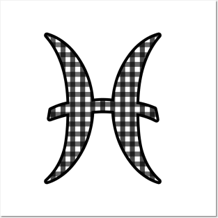 Pisces Zodiac Horoscope Symbol in Black and White Gingham Pattern Posters and Art